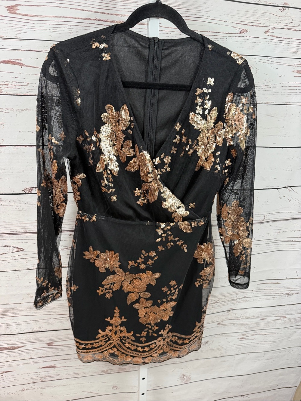 D&M Black Dress with Gold Floral Sequins Long Sleeve Mini Dress Medium NWT